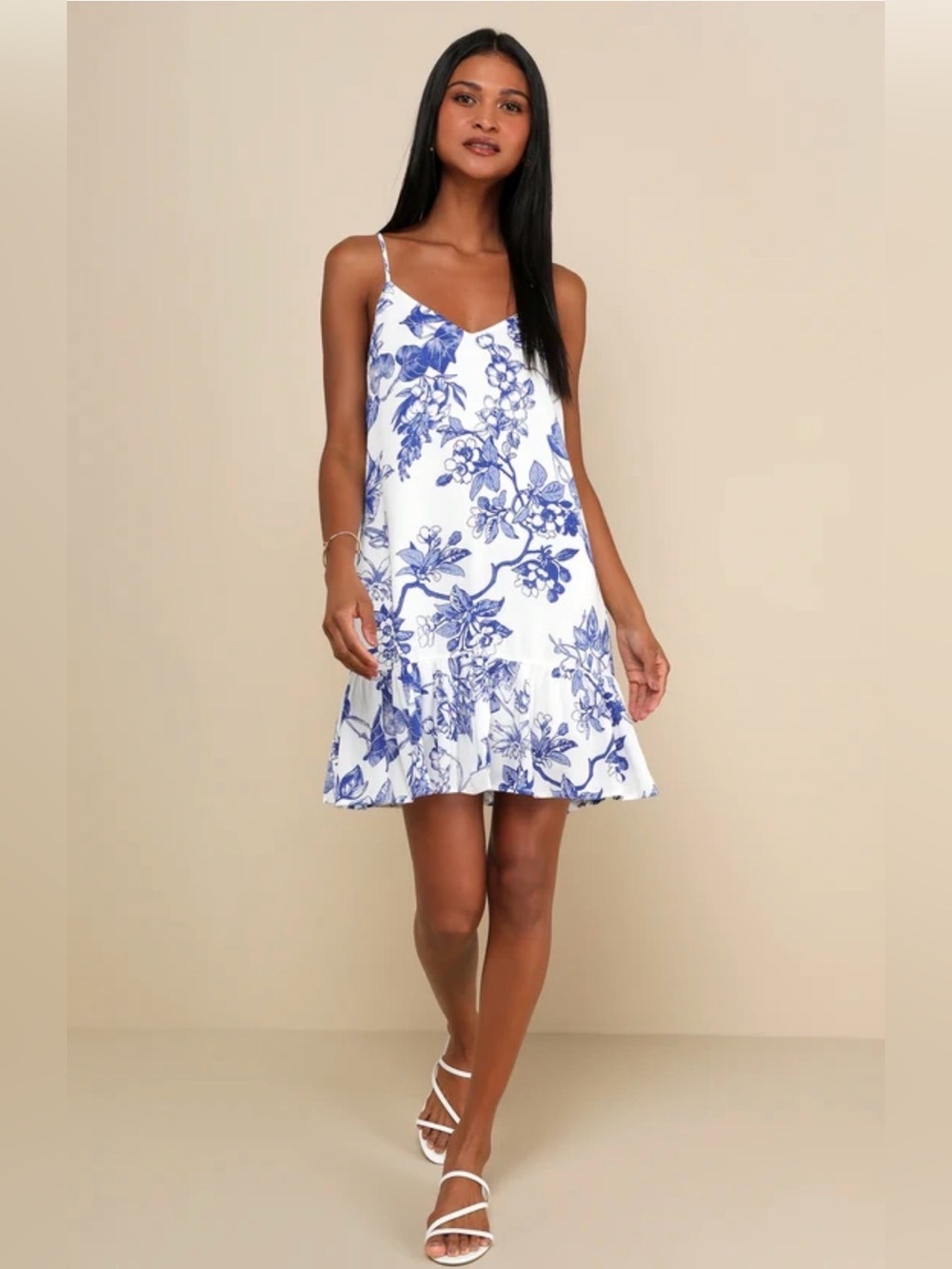 Lulu's White Dress with Blue Floral Print
